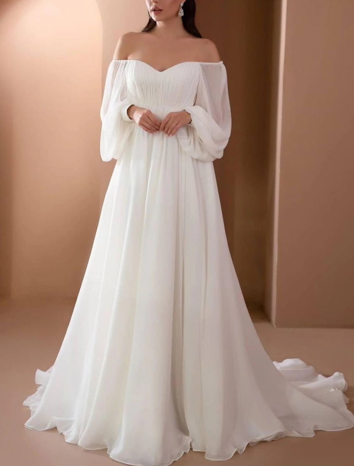 Beach Vintage Fall Wedding Dresses A-Line Off Shoulder Long Sleeve Court Train Chiffon Bridal Gowns With Pleats Beading Summer Wedding Party , Women's Clothing
