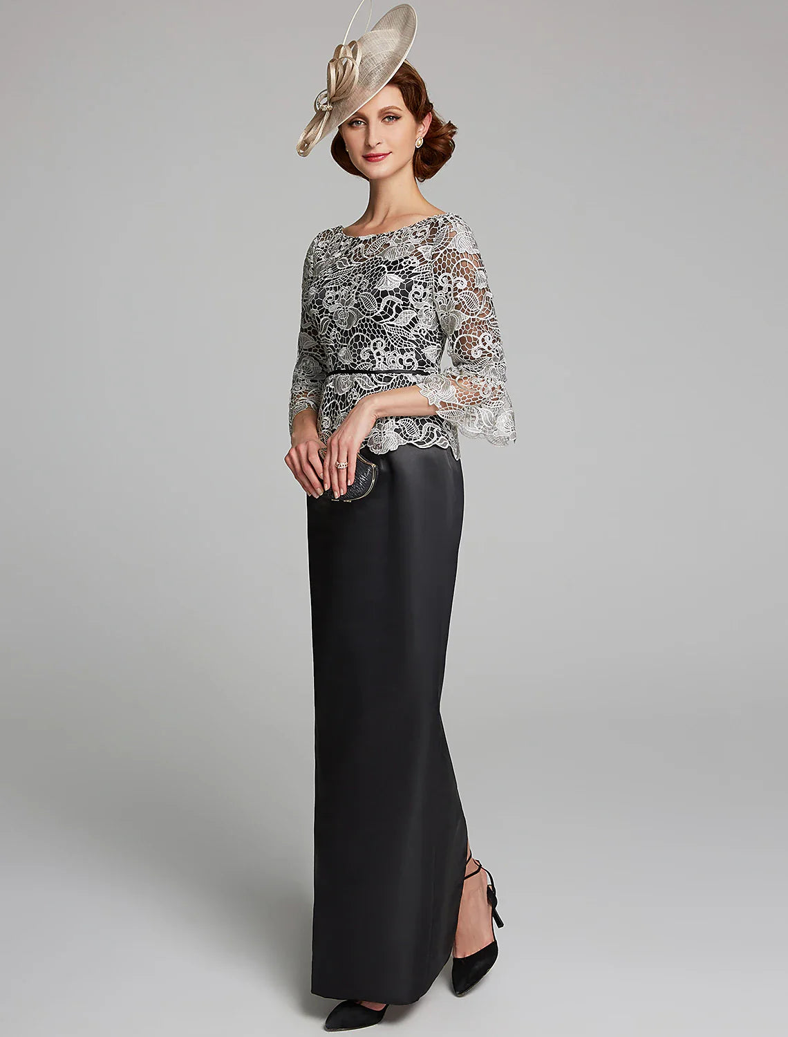 DingjiSheath / Column Mother of the Bride Dress Jewel Neck Floor Length Satin Lace 3/4 Length Sleeve with Lace
