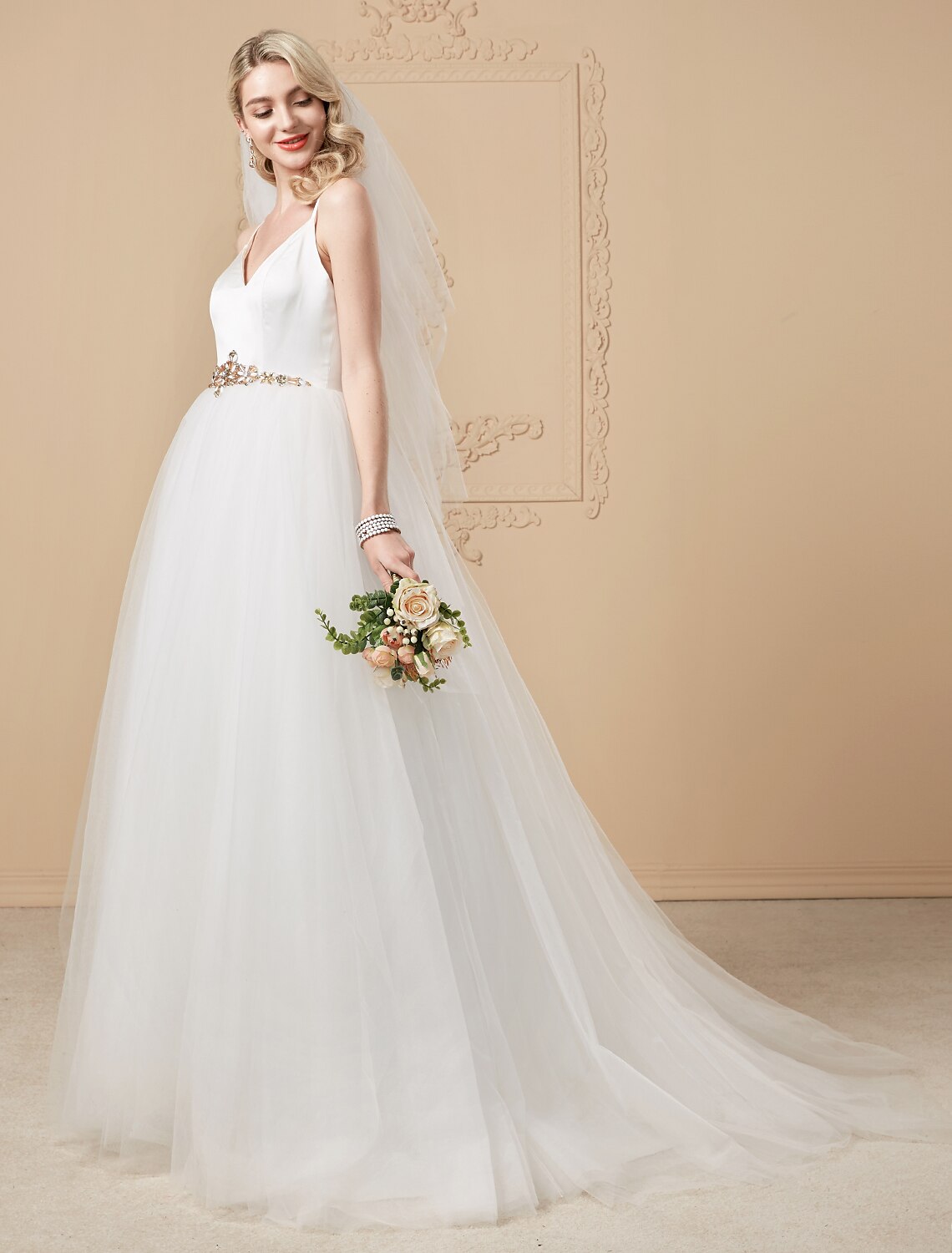 Ball Gown V Neck Court Train Satin / Tulle Made-To-Measure Wedding Dresses with Beading / Crystals by / Open Back