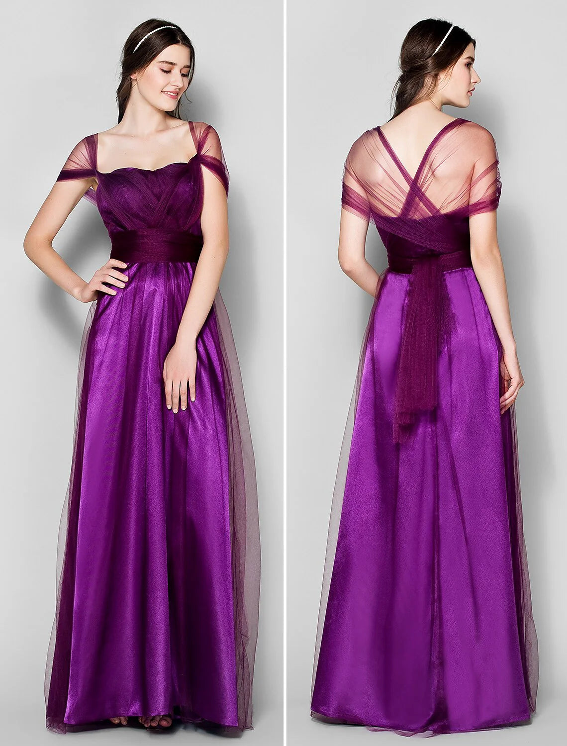 DingjiA-Line Bridesmaid Dress Straps Sleeveless Convertible Dress Floor Length Tulle with Ruched / Side Draping