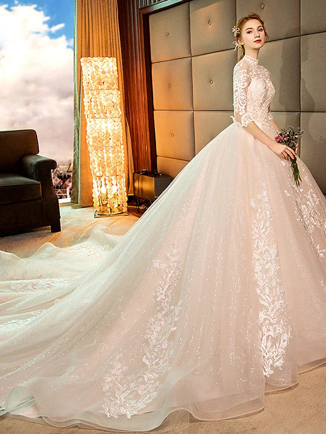 DingjiEngagement Sparkle & Shine Formal Wedding Dresses Cathedral Train Ball Gown Long Sleeve High Neck Lace With Sequin Appliques