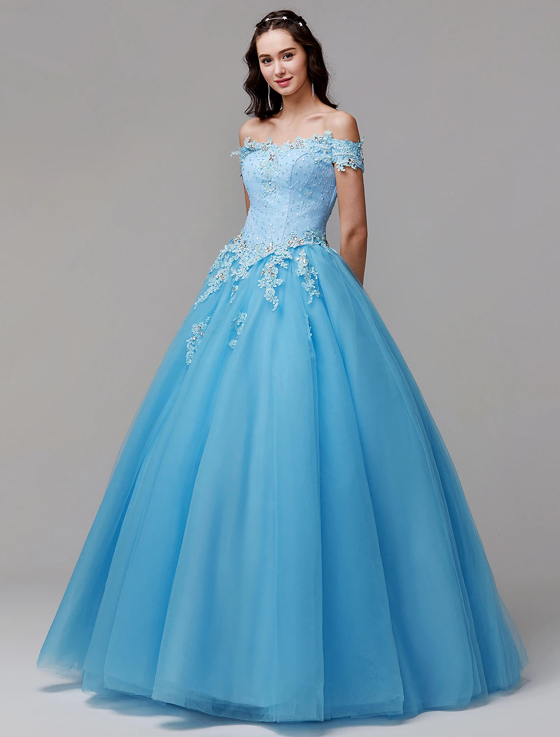 Ball Gown Vintage Inspired Dress Formal Evening Floor Length Sleeveless Off Shoulder Lace with Crystals Appliques