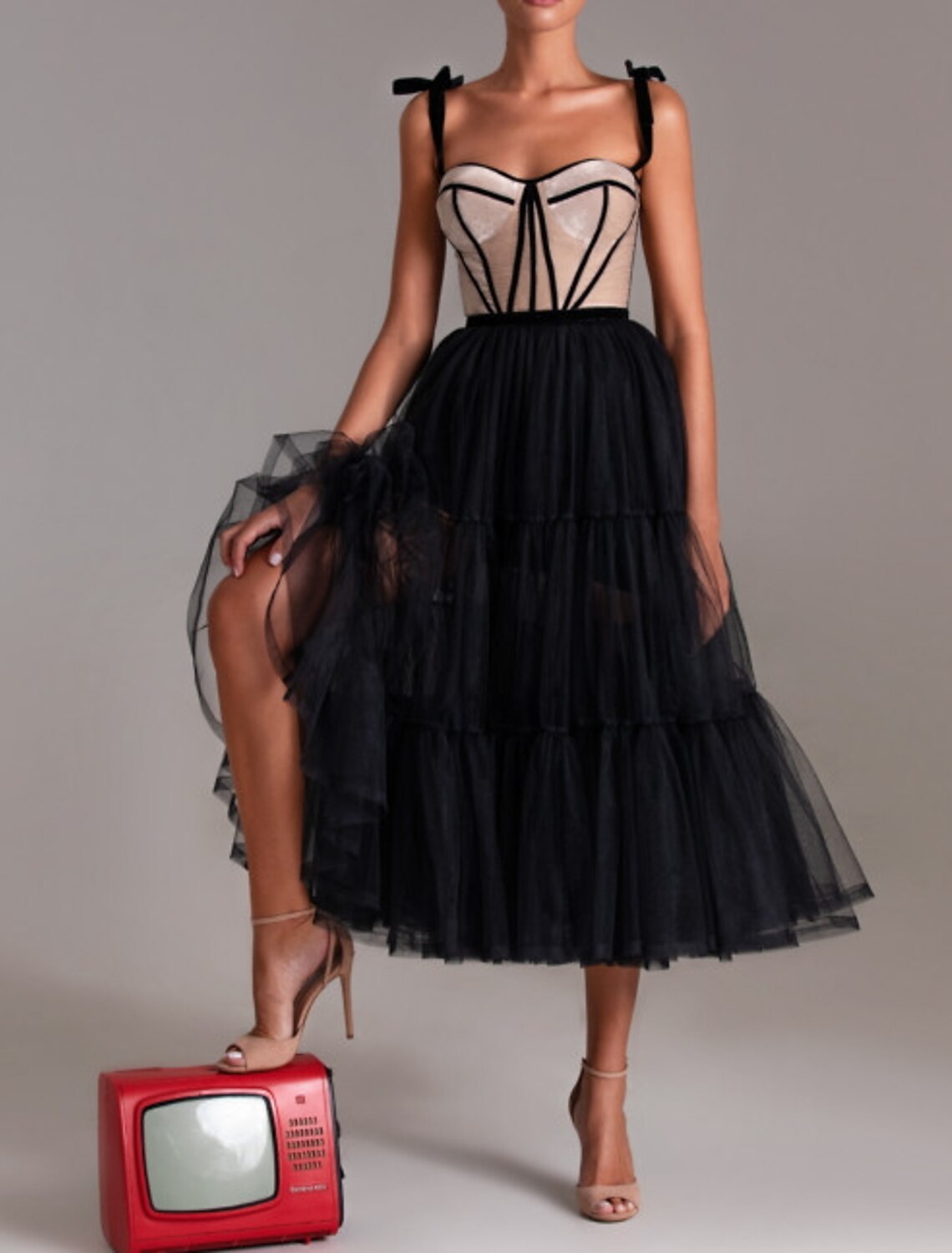 A-Line Cocktail Dresses Party Black Dress Plus Size Wedding Guest Cocktail Party Tea Length Sleeveless Sweetheart Wednesday Addams Family Tulle with Pleats Tiered