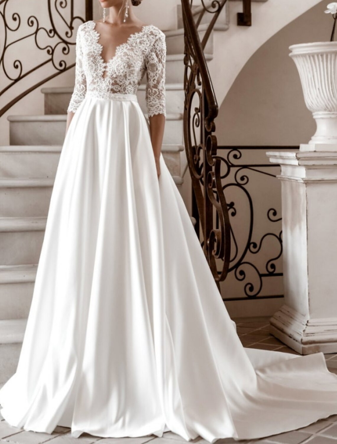 Engagement Formal Fall Wedding Dresses A-Line V Neck Half Sleeve Court Train Satin Bridal Gowns With Pearls Appliques Summer Wedding Party, Women‘s Clothing
