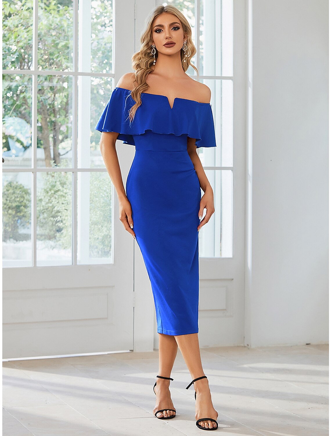 Sheath / Column Wedding Guest Dresses Minimalist Dress Party Wear Tea Length Short Sleeve Off Shoulder Stretch Fabric with Slit Pure Color
