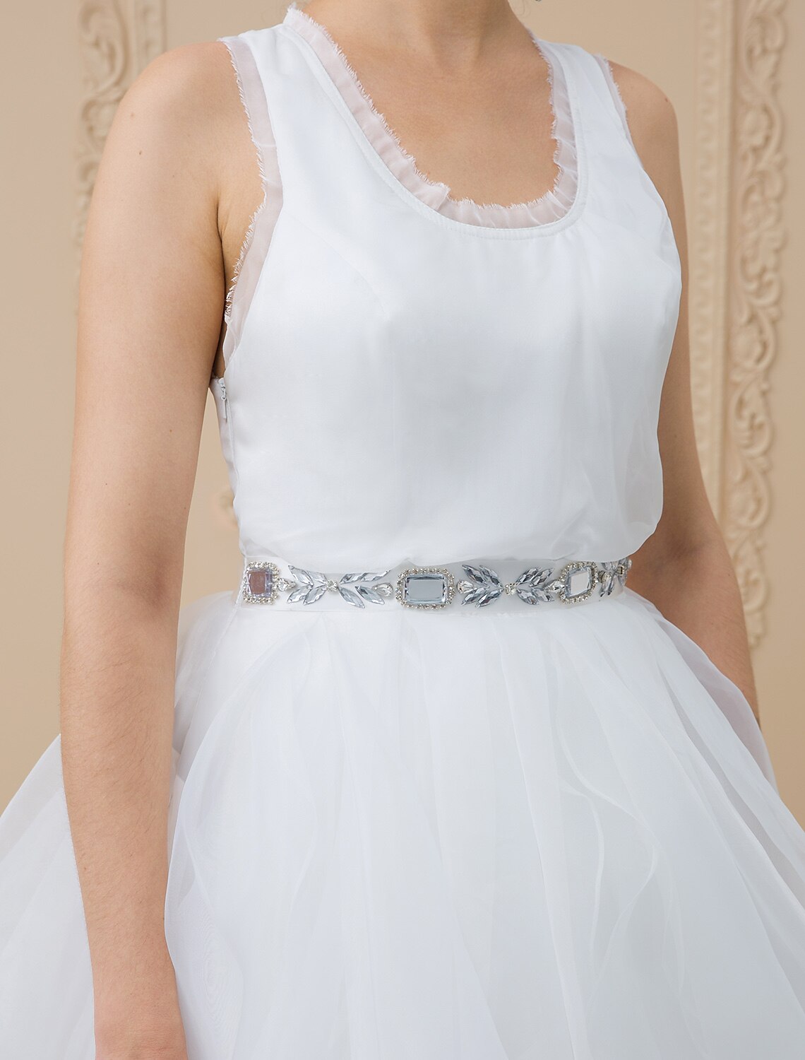 A-Line Scoop Neck Sweep / Brush Train Chiffon / Tulle Made-To-Measure Wedding Dresses with Appliques by