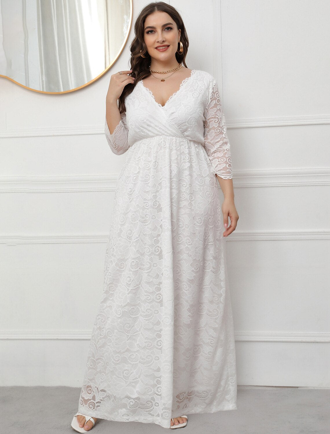 A-Line Evening Gown Vintage Dress Party Wear Formal Evening Floor Length 3/4 Length Sleeve V Neck Lace with Sleek Lace Insert