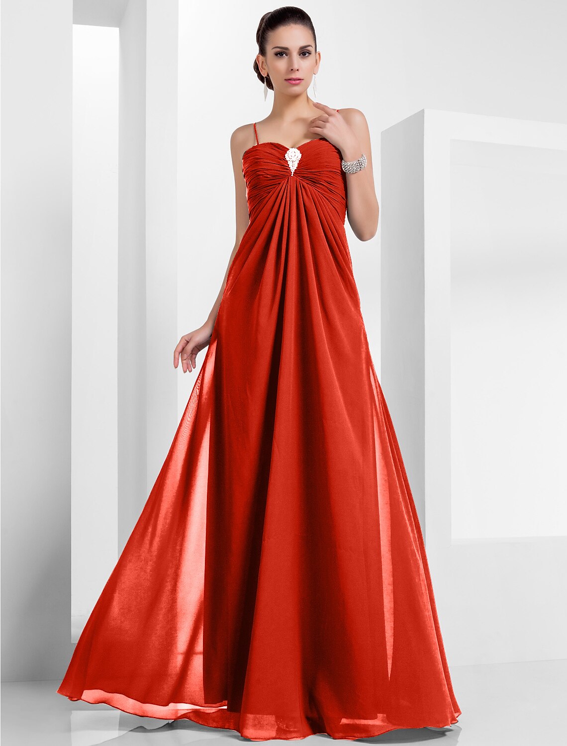 A-Line Empire Holiday Formal Evening Dress Spaghetti Strap Sleeveless Floor Length Chiffon with Crystals