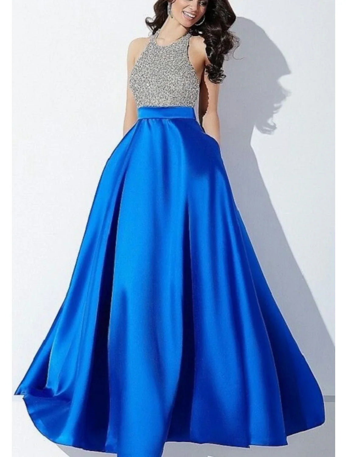 DingjiA-Line Evening Gown Elegant Dress Formal Floor Length Sleeveless Halter Neck Satin with Glitter