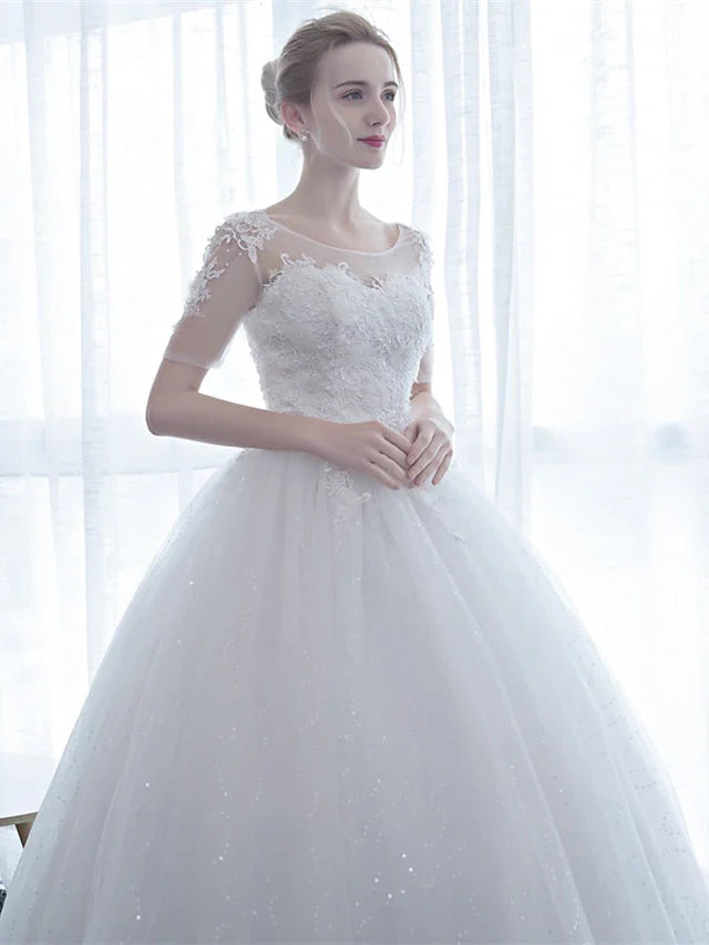 DingjiEngagement Formal Wedding Dresses Floor Length Ball Gown Half Sleeve Illusion Neck Satin With Lace