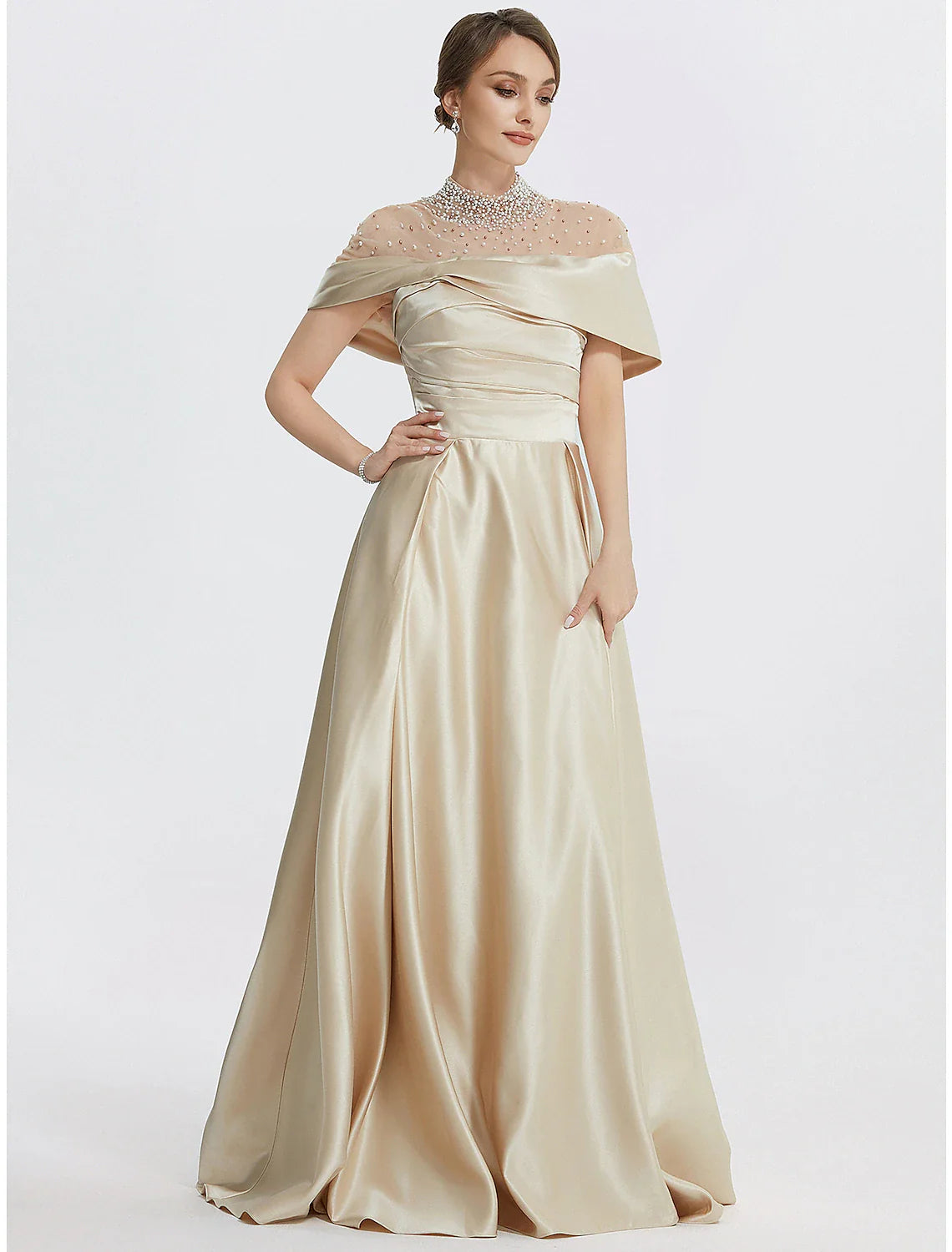 DingjiA-Line Evening Gown Elegant Dress Formal Prom Floor Length Sleeveless High Neck Italy Satin with Ruched Pearls