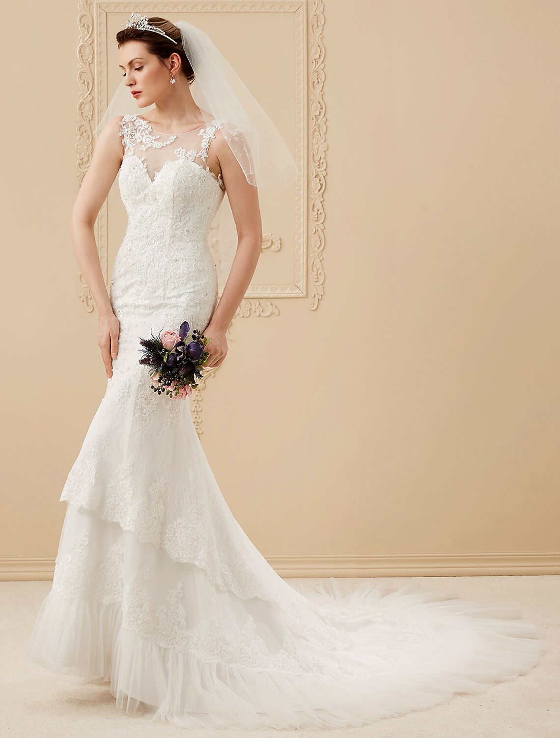 Hall Wedding Dresses Mermaid / Trumpet Scoop Neck Regular Straps Chapel Train Tulle Over Lace Bridal Gowns With Beading