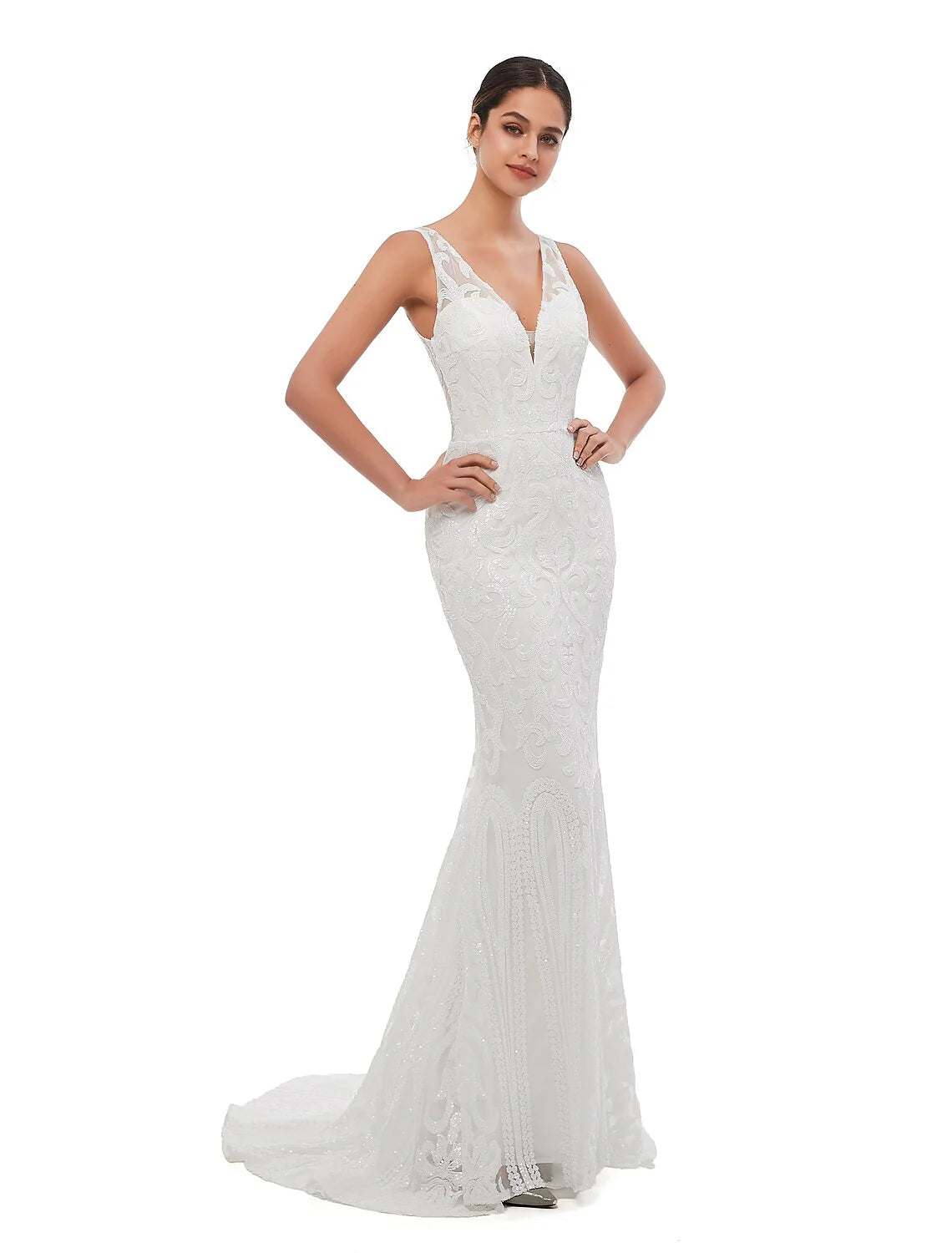 DingjiMermaid / Trumpet Evening Gown Celebrity Style Dress Engagement Court Train Sleeveless V Neck Sequined with Sequin Embroidery