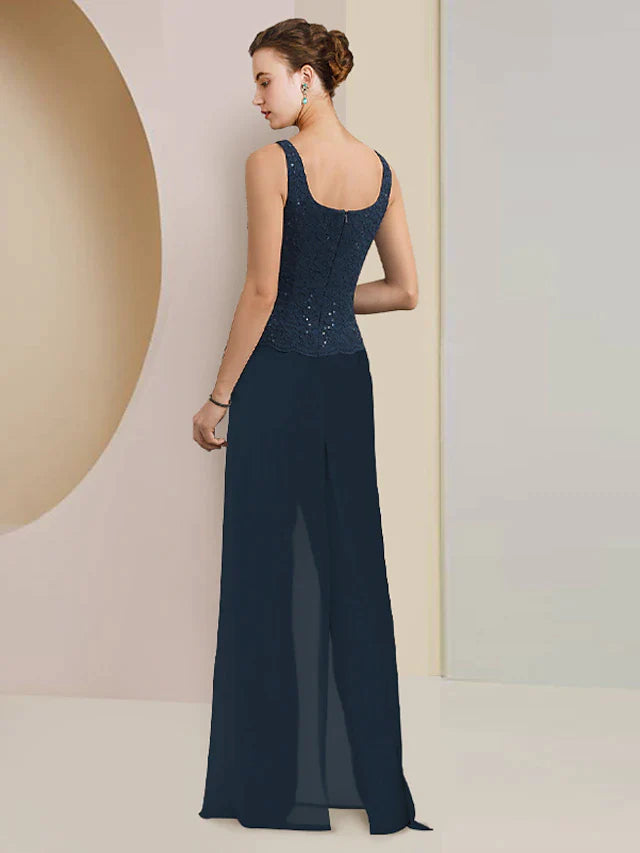 Jumpsuit / Pantsuit 3 Piece Mother of the Bride Dress Formal Wedding Guest Plus Size Elegant Scoop Neck Floor Length Chiffon Lace Sleeveless Wrap Included with Sequin