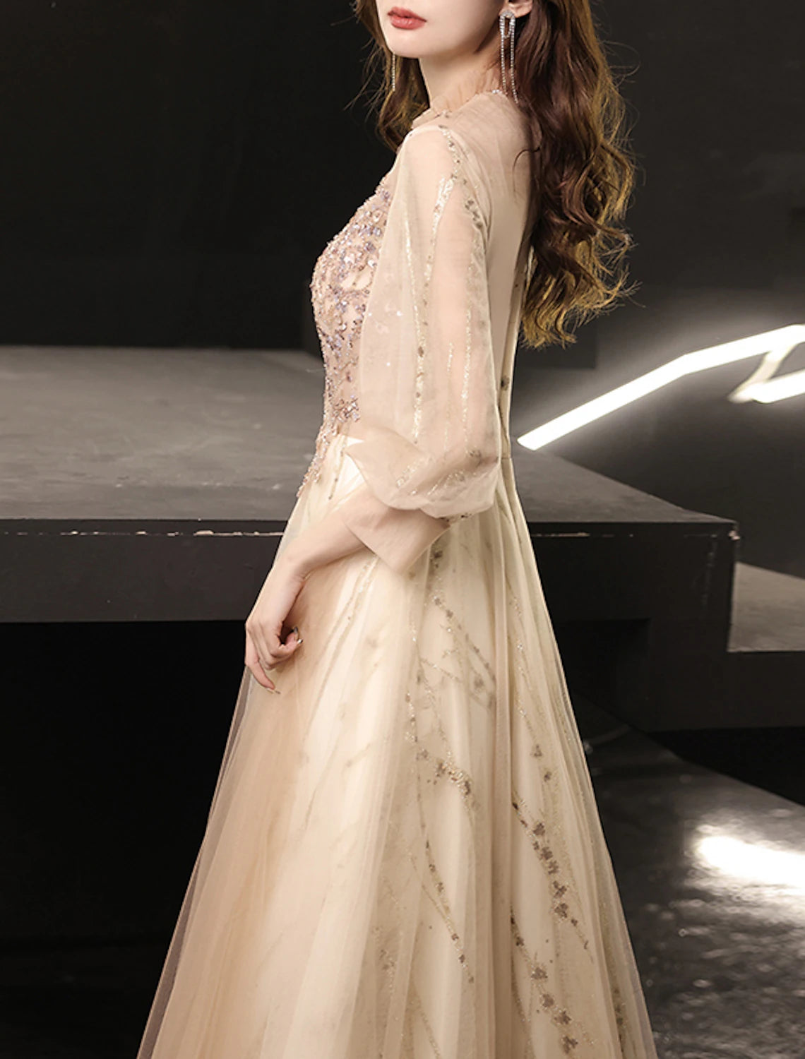 A-Line Prom Dresses Glittering Dress Wedding Guest Prom Floor Length Long Sleeve High Neck Tulle with Beading Appliques