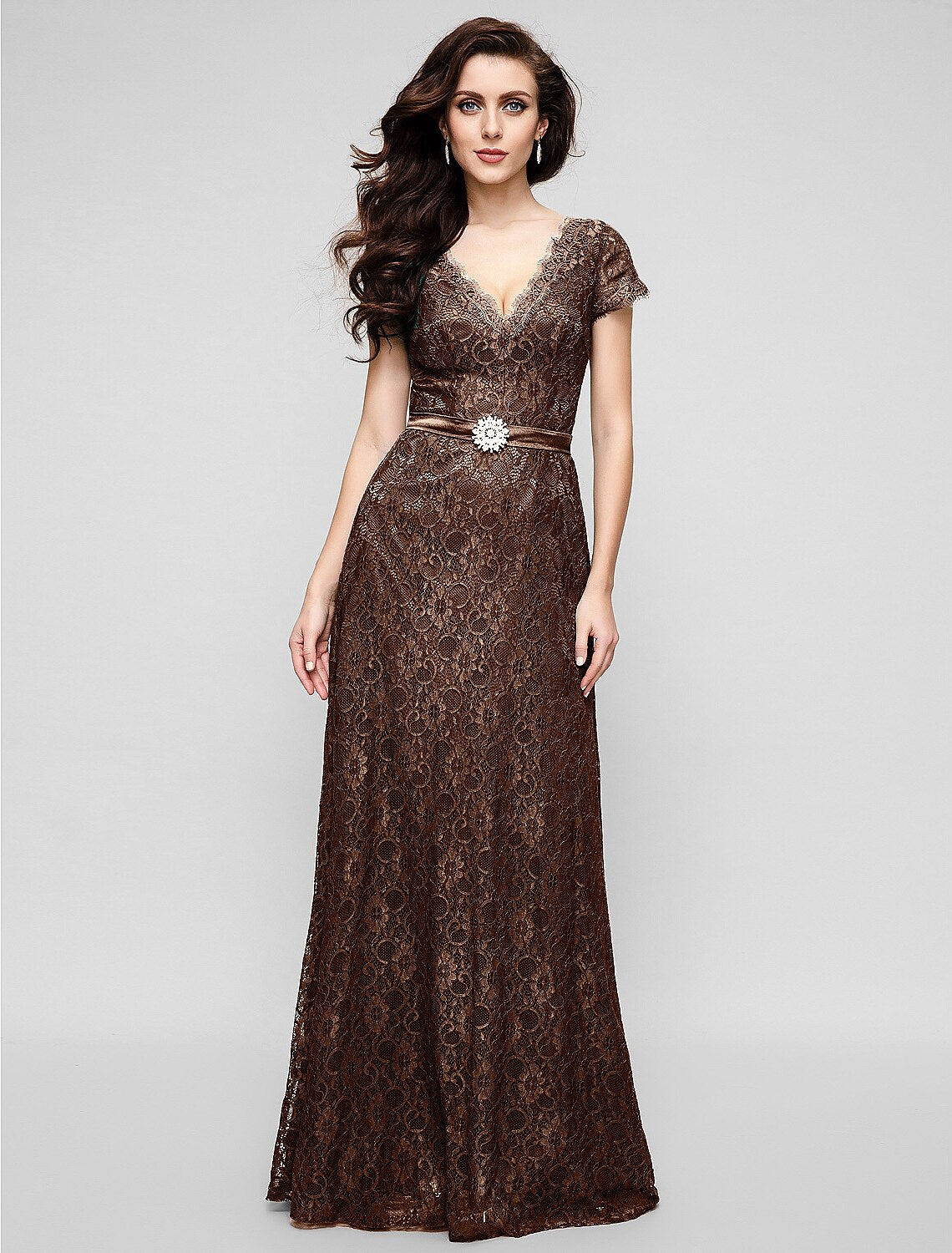 A-Line Elegant Dress Holiday Cocktail Party Floor Length Short Sleeve V Neck All Over Lace with Crystal Brooch