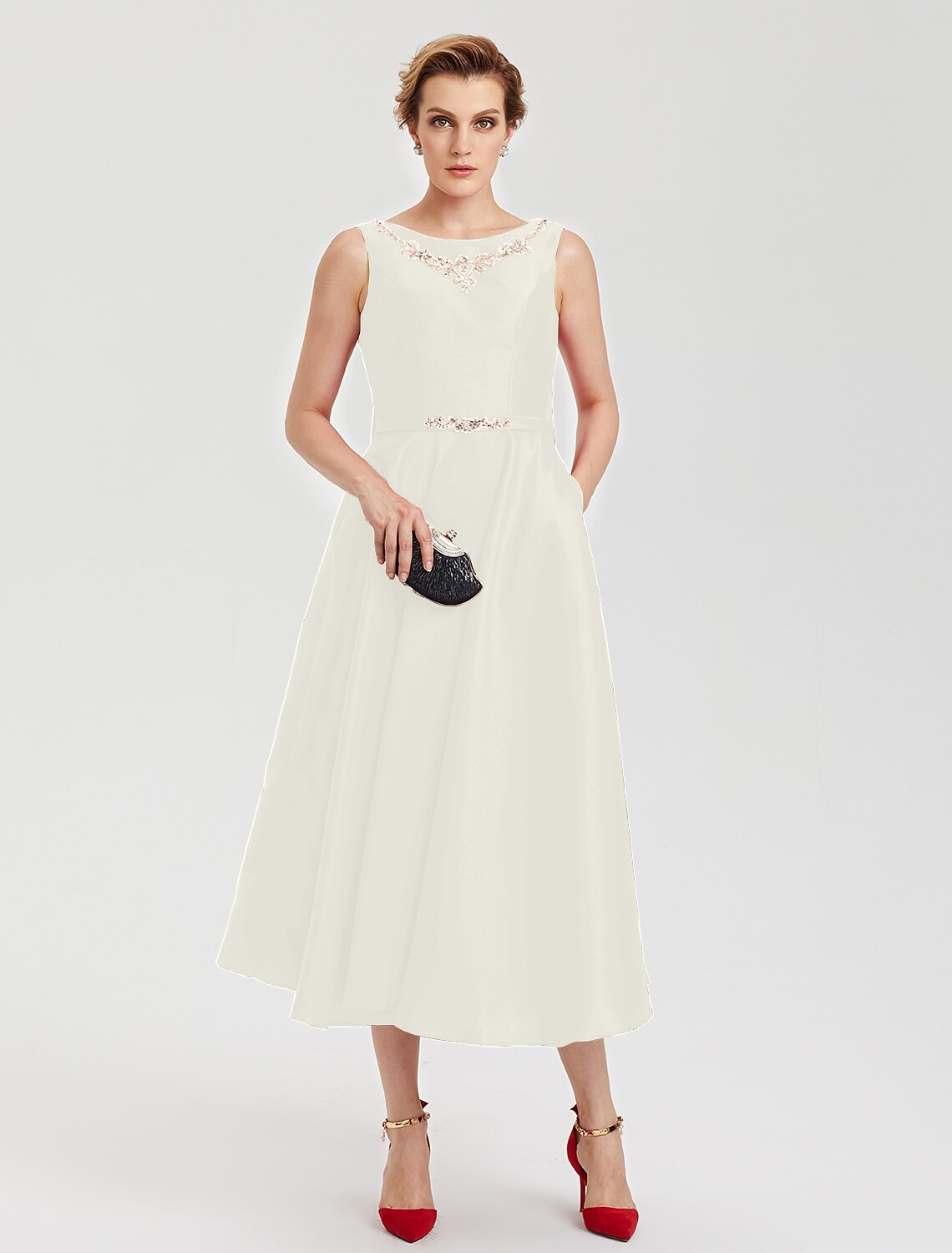 A-Line Elegant Open Back Evening Party Formal Dress Jewel Neck Sleeveless Tea Length Satin with Rhinestone Crystal Sash / Ribbon