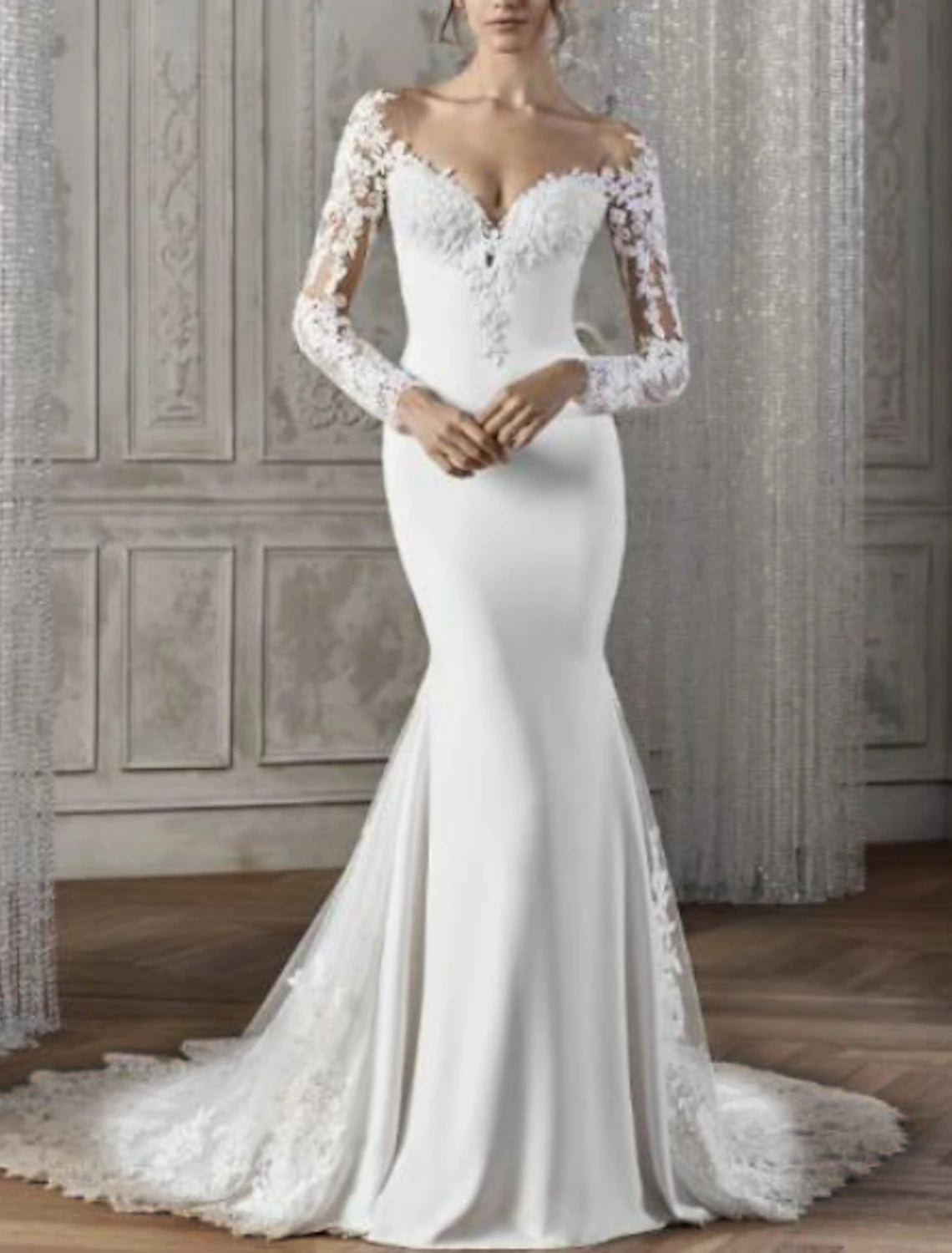 Engagement Open Back Formal Wedding Dresses Mermaid / Trumpet V Neck Long Sleeve Court Train Satin Bridal Gowns With Beading Lace Insert