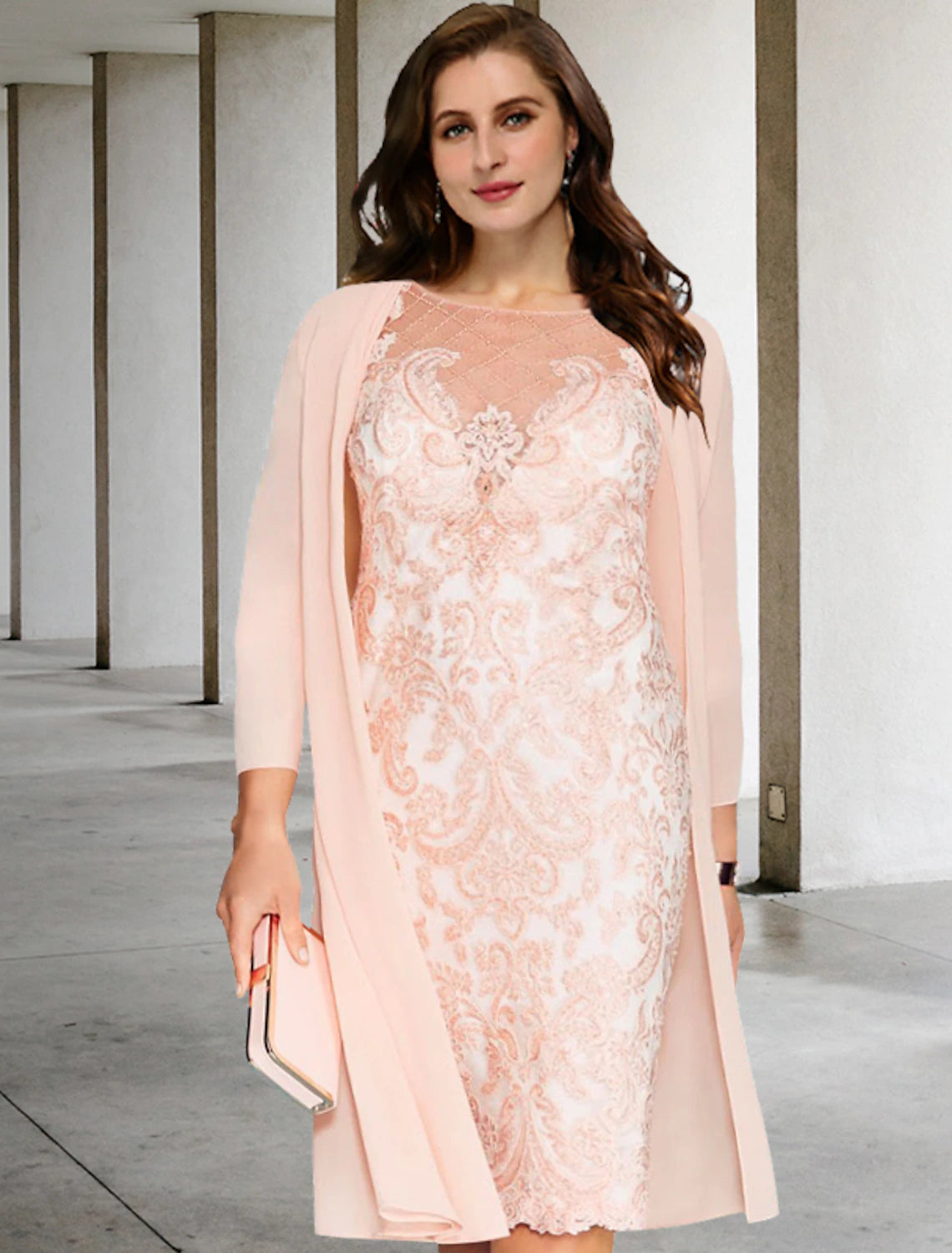 Two Piece Sheath / Column Plus Size Curve Mother of the Bride Dresses Elegant Dress Formal Knee Length Half Sleeve Jewel Neck Chiffon with Beading Appliques