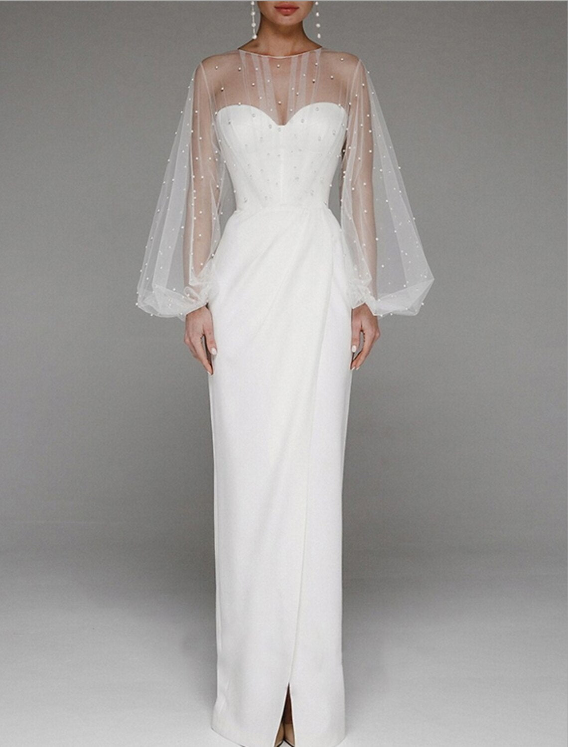 Hall Casual Wedding Dresses Sheath / Column Sweetheart Long Sleeve Floor Length Tulle Bridal Gowns With Pearls Beading