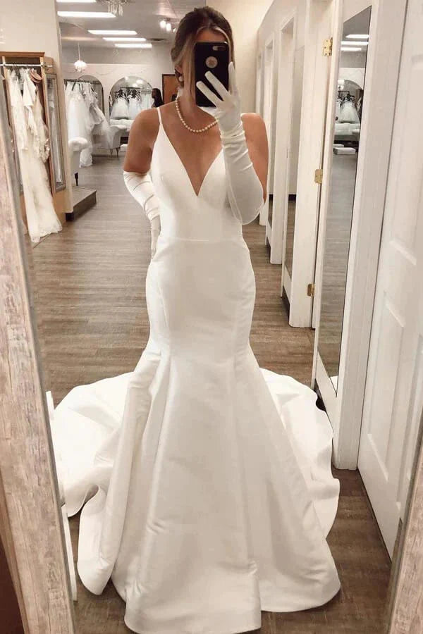 Simple Ivory Satin Mermaid V Neck Wedding Dresses Wedding Gowns