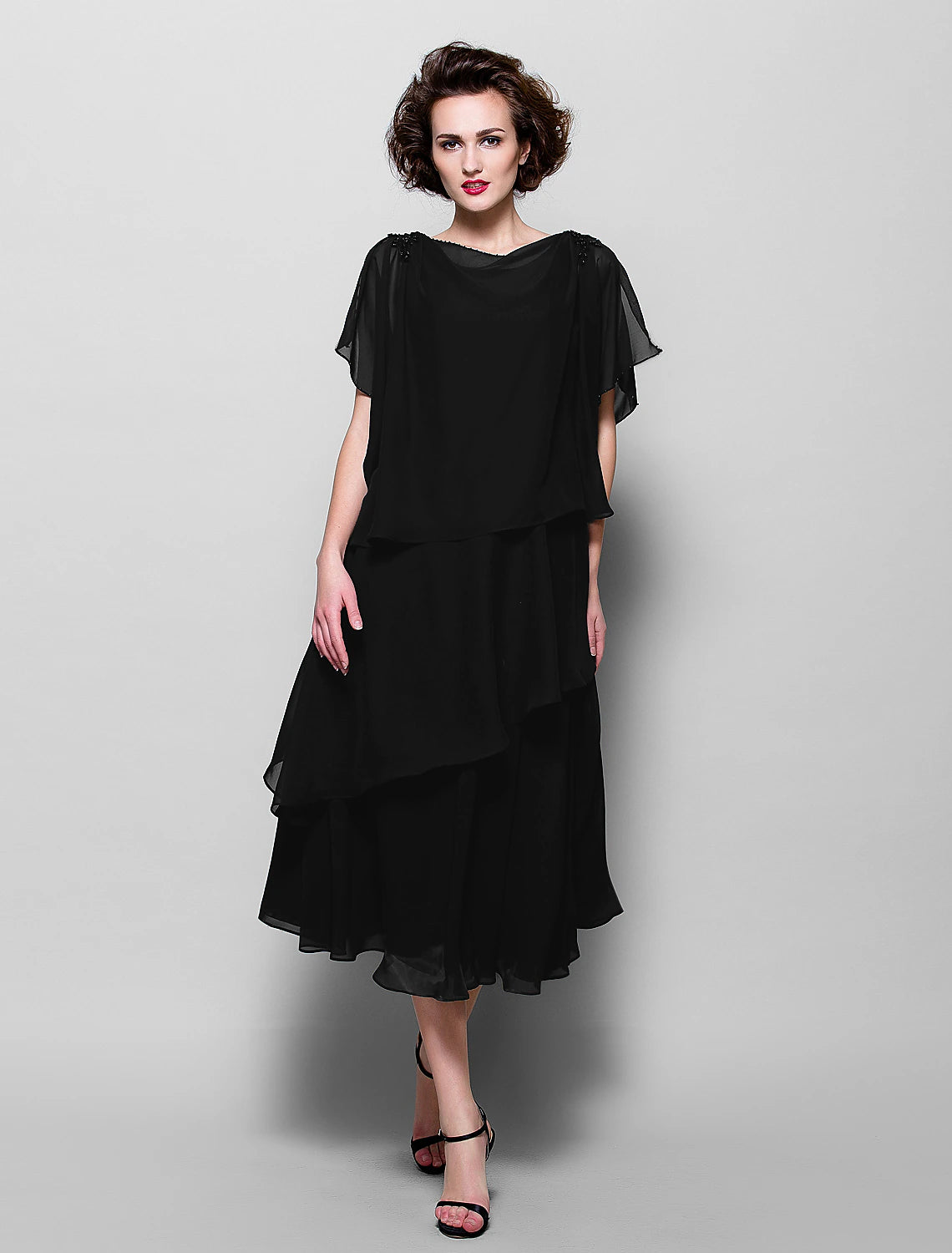 A-Line Mother of the Bride Dress Plus Size Elegant Cowl Neck Tea Length Chiffon Short Sleeve with Ruffles Crystal Brooch