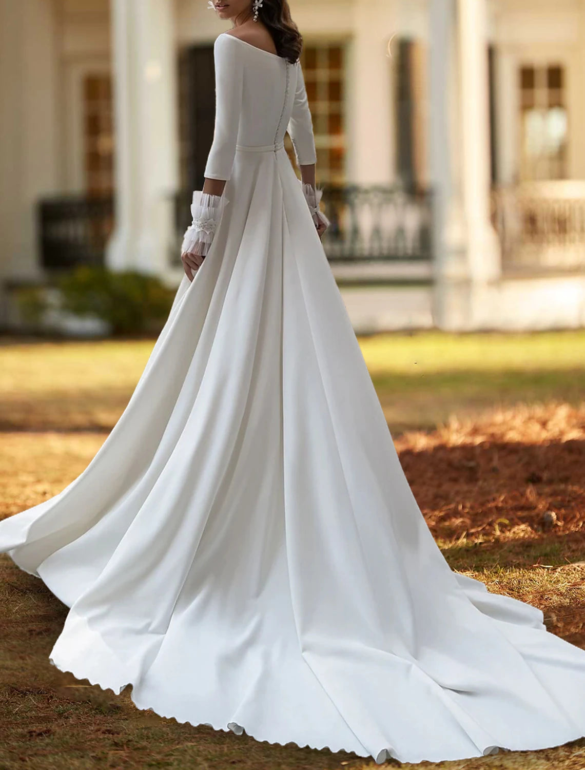Casual Wedding Dresses A-Line Off Shoulder 3/4 Length Sleeve Court Train Stretch Fabric Bridal Gowns With Bow(s) Pleats