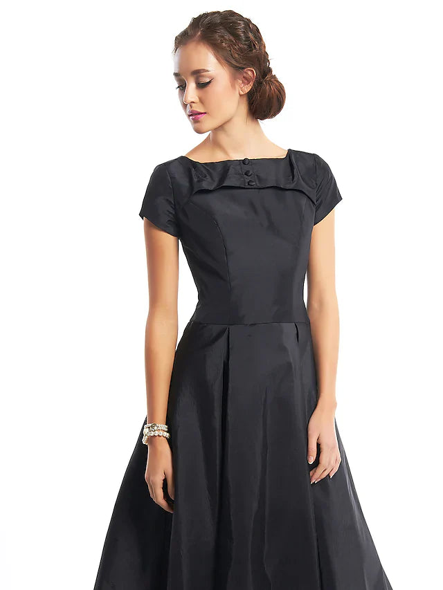 DingjiA-Line Vintage Dress Homecoming Tea Length Short Sleeve Boat Neck Taffeta with Buttons