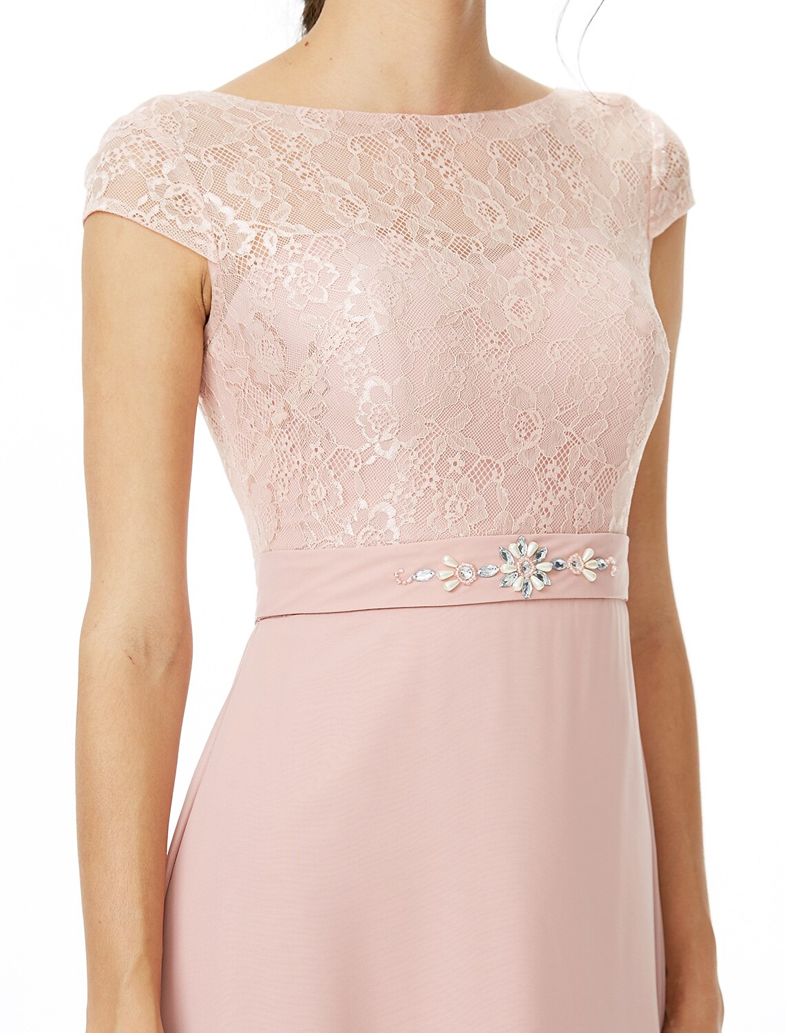 Sheath / Column Bridesmaid Dress Bateau Neck Short Sleeve Elegant Floor Length Chiffon / Lace with Lace / Sash / Ribbon / Bow(s)