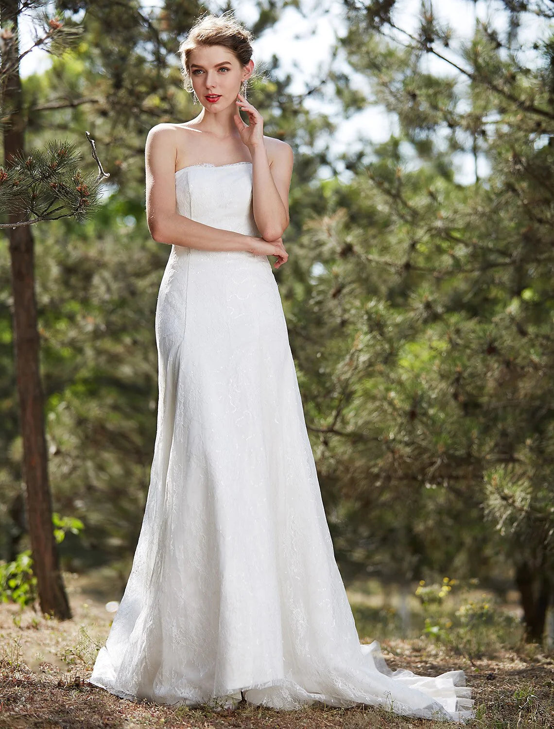 DingjiWedding Dresses A-Line Strapless Sleeveless Court Train Satin Bridal Gowns With Lace