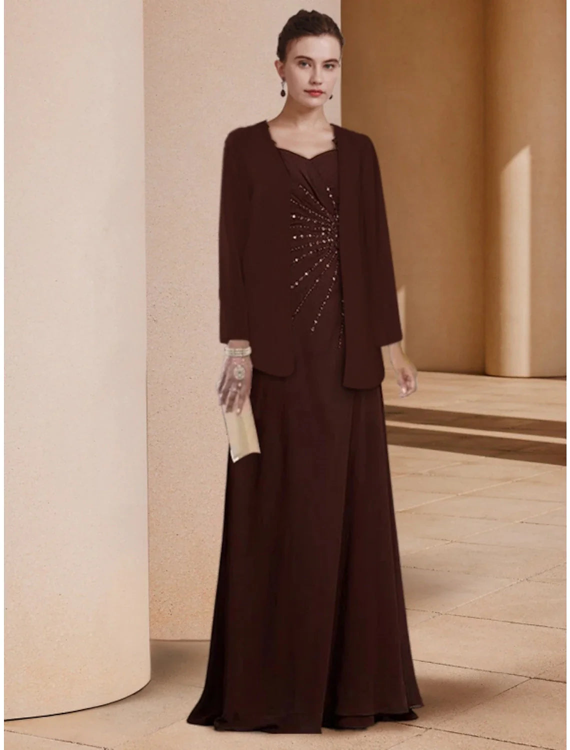 DingjiSheath / Column Mother of the Bride Dress Wedding Guest Elegant Scoop Neck Floor Length Stretch Chiffon Long Sleeve with Sequin Ruching