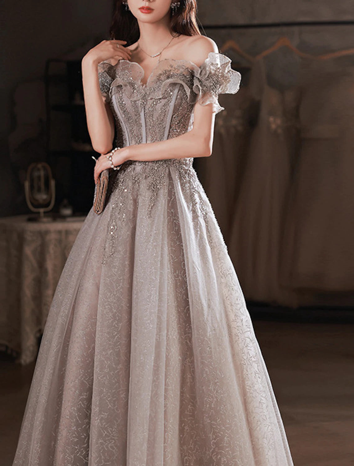 A-Line Sparkle & Shine Prom Formal Evening Dress Off Shoulder Short Sleeve Floor Length Polyester with Sequin Ruffles