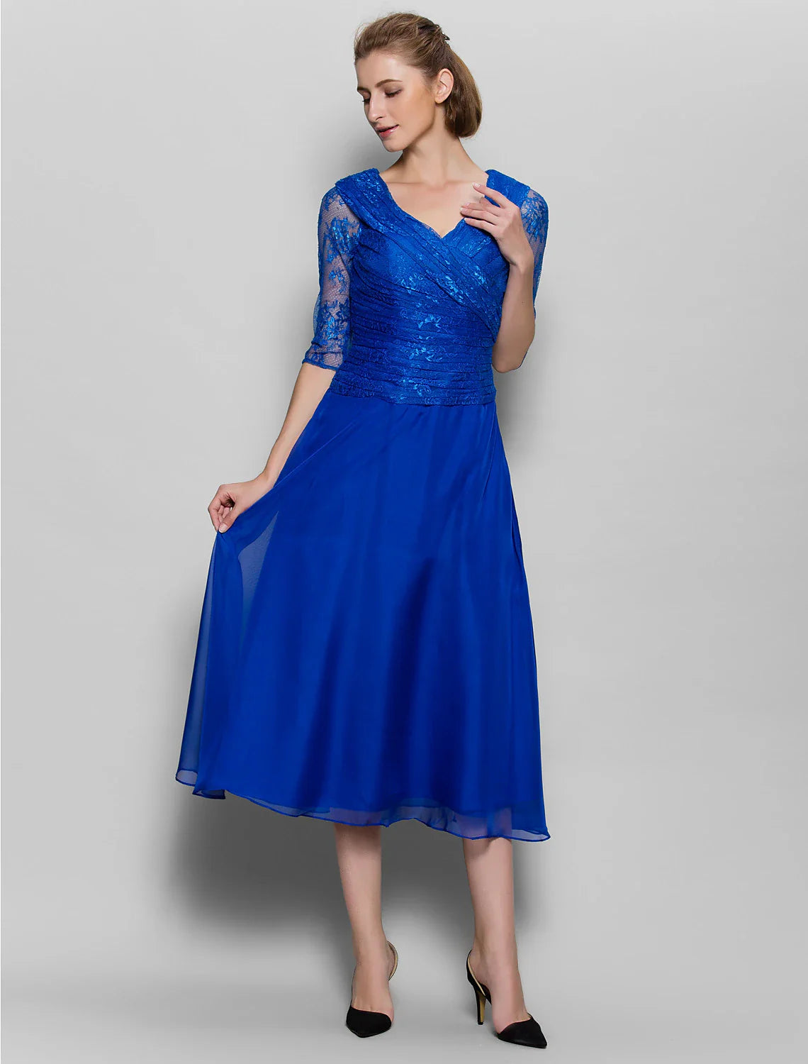 DingjiA-Line Mother of the Bride Dress Plus Size Elegant V Neck Tea Length Chiffon Lace Half Sleeve No with Lace Criss Cross Ruched