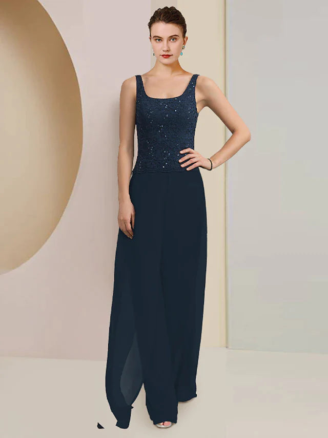 Jumpsuit / Pantsuit 3 Piece Mother of the Bride Dress Formal Wedding Guest Plus Size Elegant Scoop Neck Floor Length Chiffon Lace Sleeveless Wrap Included with Sequin