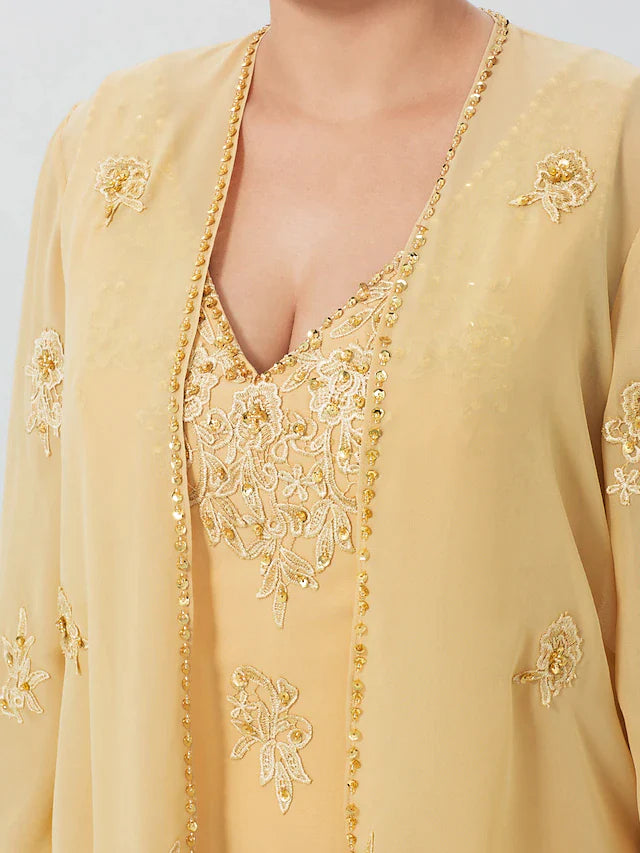 A-Line Mother of the Bride Dress Formal Plus Size Elegant High Low V Neck Asymmetrical Chiffon Beaded Lace Long Sleeve Wrap Included with Beading Appliques