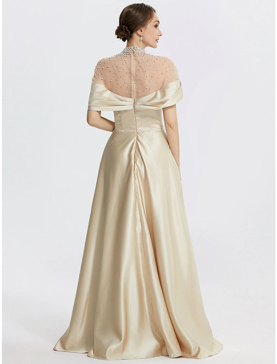 DingjiA-Line Evening Gown Elegant Dress Formal Prom Floor Length Sleeveless High Neck Italy Satin with Ruched Pearls