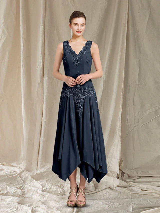DingjiTwo Piece A-Line Mother of the Bride Dress Elegant V Neck Ankle Length Chiffon Lace Sleeveless Wrap Included with Pleats Appliques