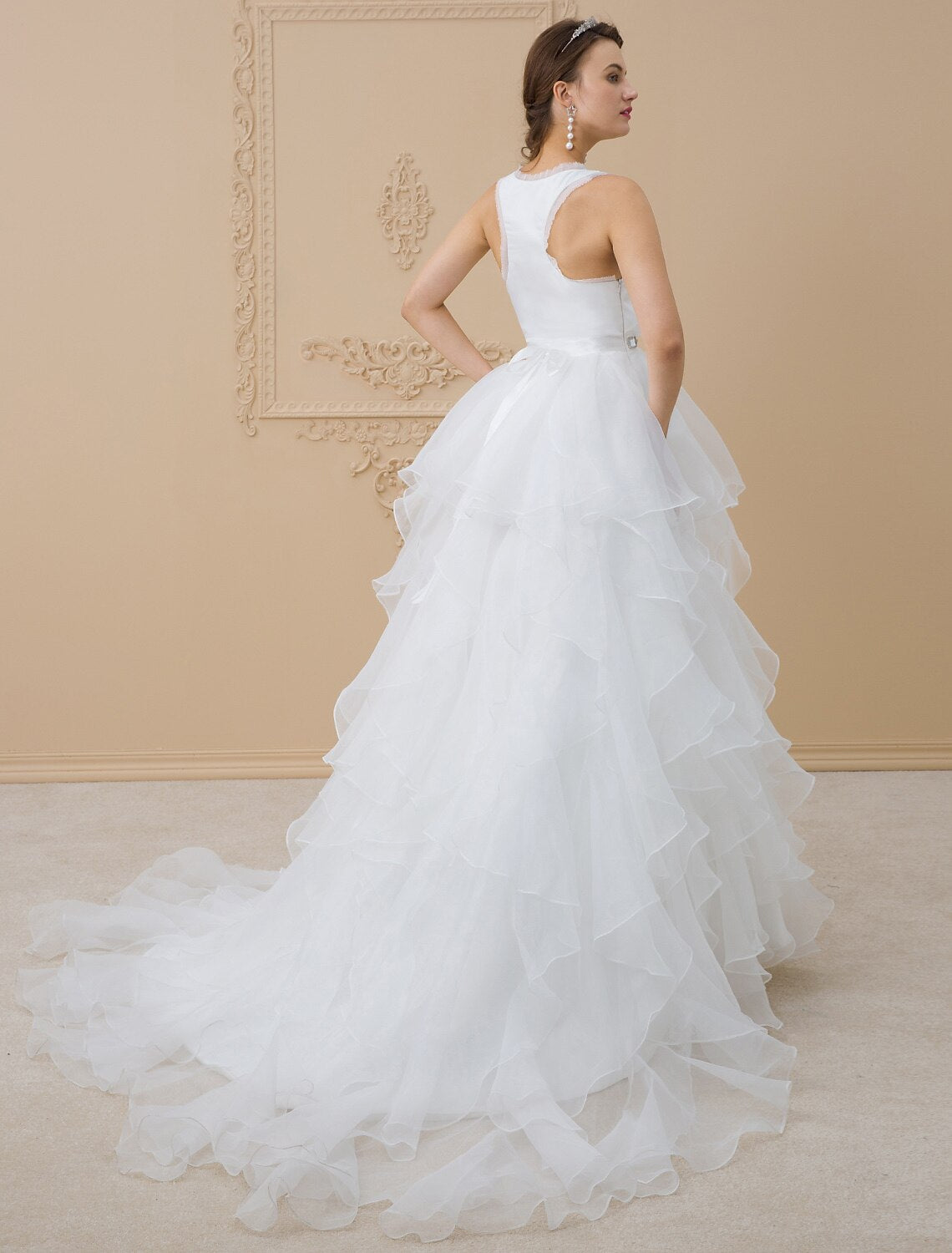 A-Line Scoop Neck Sweep / Brush Train Chiffon / Tulle Made-To-Measure Wedding Dresses with Appliques by