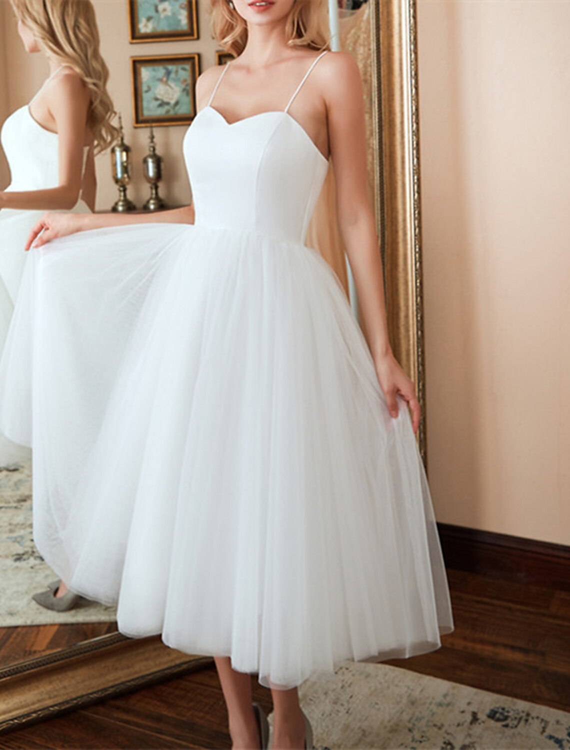 Reception Little White Dresses Wedding Dresses A-Line Sweetheart Camisole Spaghetti Strap Tea Length Satin Bridal Gowns With Solid Color