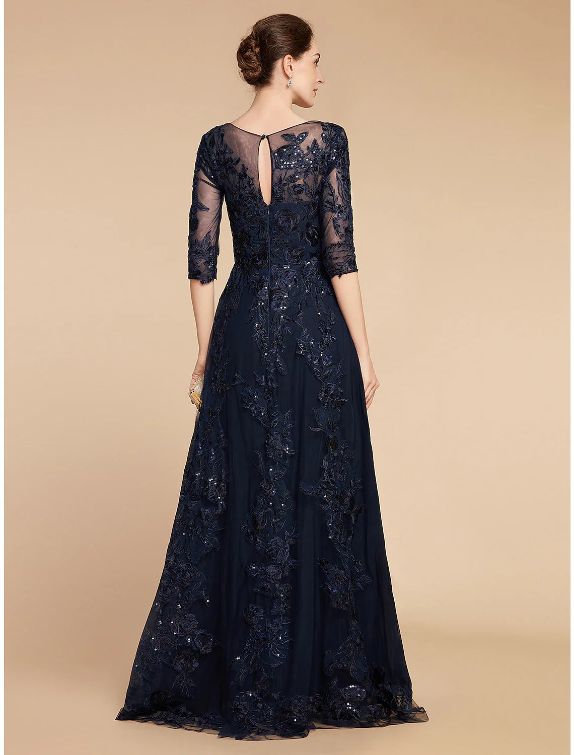 DingjiA-Line Mother of the Bride Dress Formal Wedding Guest Elegant Party Scoop Neck Floor Length Chiffon Lace 3/4 Length Sleeve with Sequin Appliques