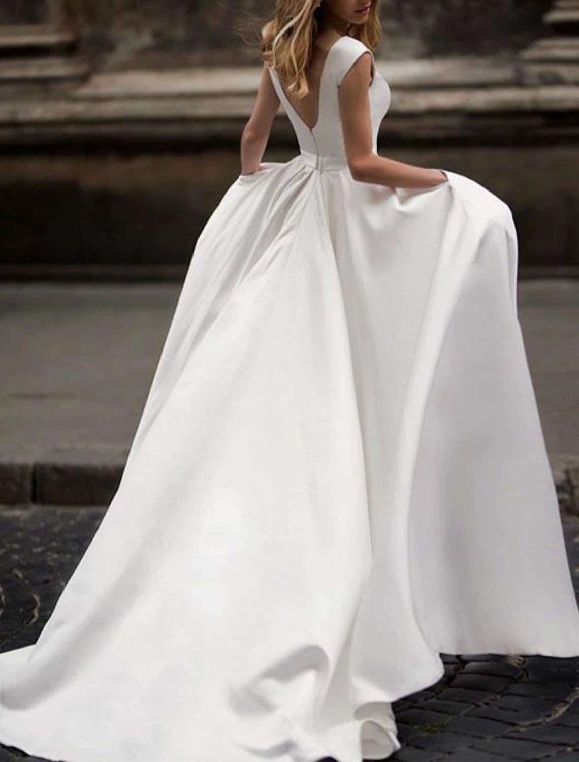 Hall Casual Wedding Dresses A-Line Scoop Neck Cap Sleeve Court Train Satin Bridal Gowns With Pleats Summer Fall Wedding Party , Women's Clothing