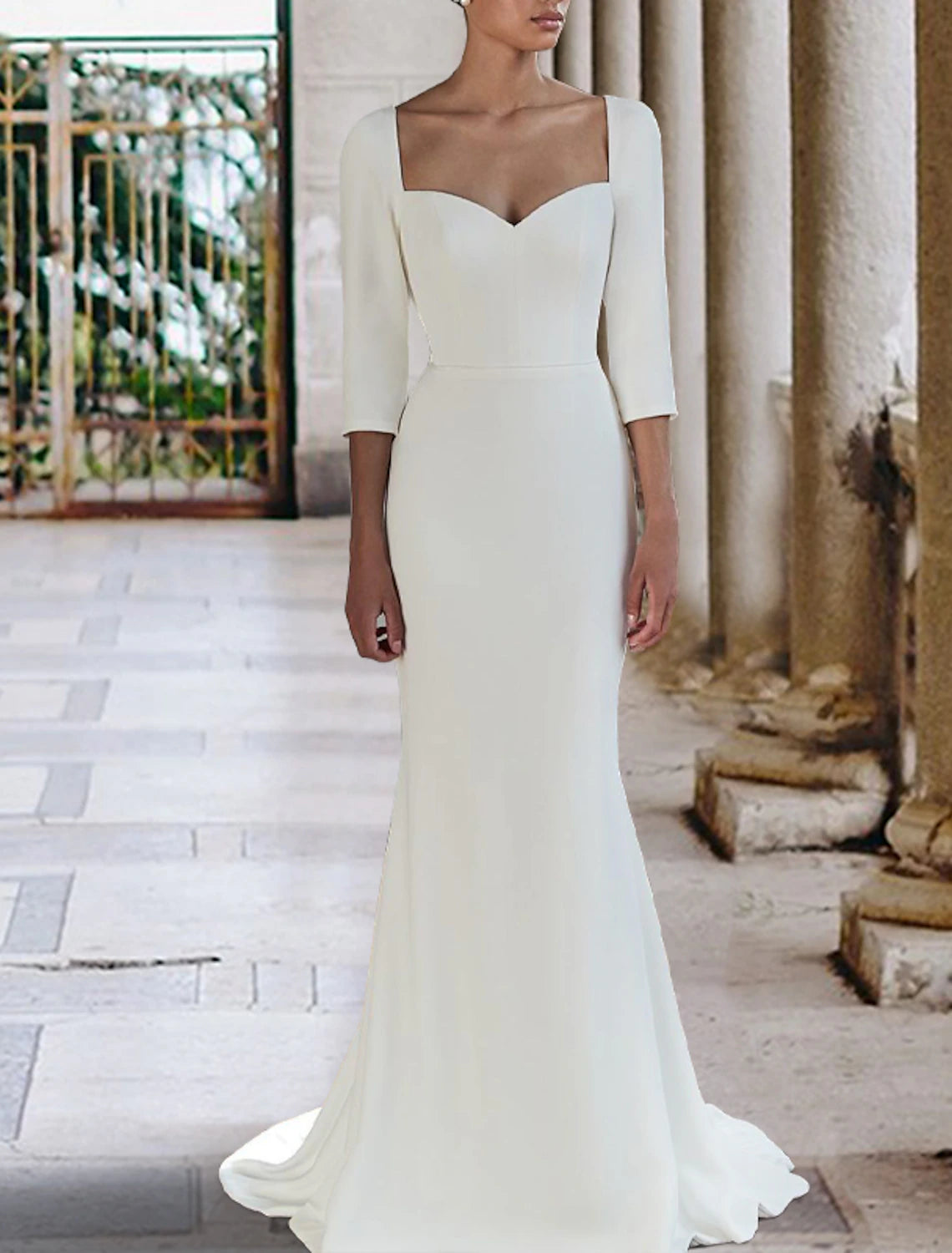 Hall Casual Wedding Dresses Mermaid / Trumpet Sweetheart Half Sleeve Sweep / Brush Train Stretch Fabric Bridal Gowns With Solid Color