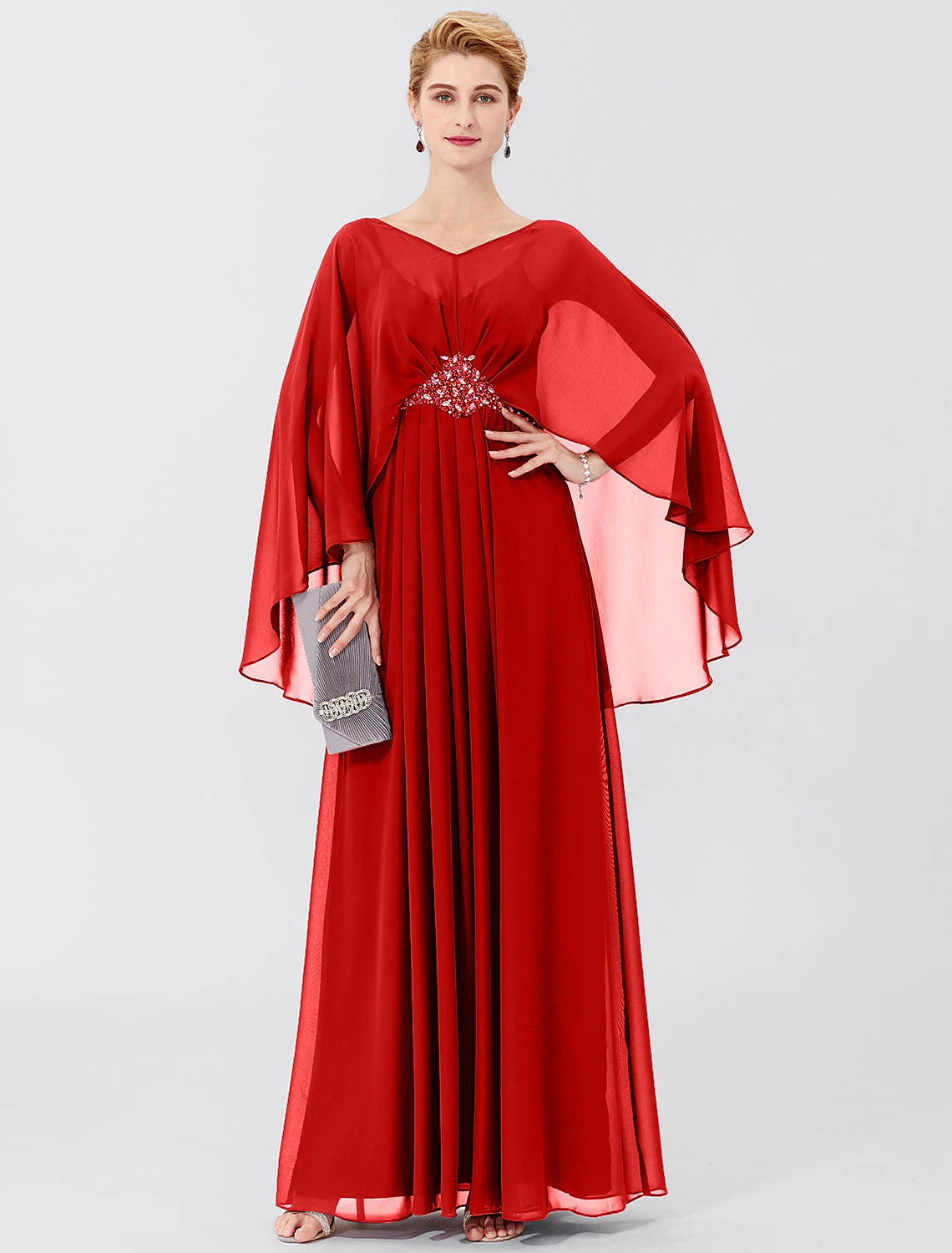 Sheath / Column Mother of the Bride Dress Formal Classic & Timeless Elegant & Luxurious Elegant V Neck Floor Length Chiffon Long Sleeve with Pleats Beading