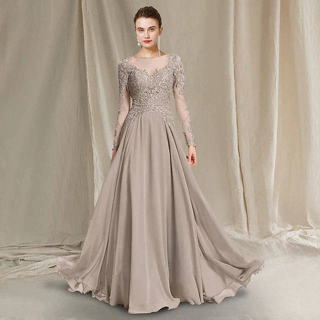 A-Line Mother of the Bride Dress Luxurious Elegant Jewel Neck Floor Length Chiffon Lace Long Sleeve with Pleats Appliques