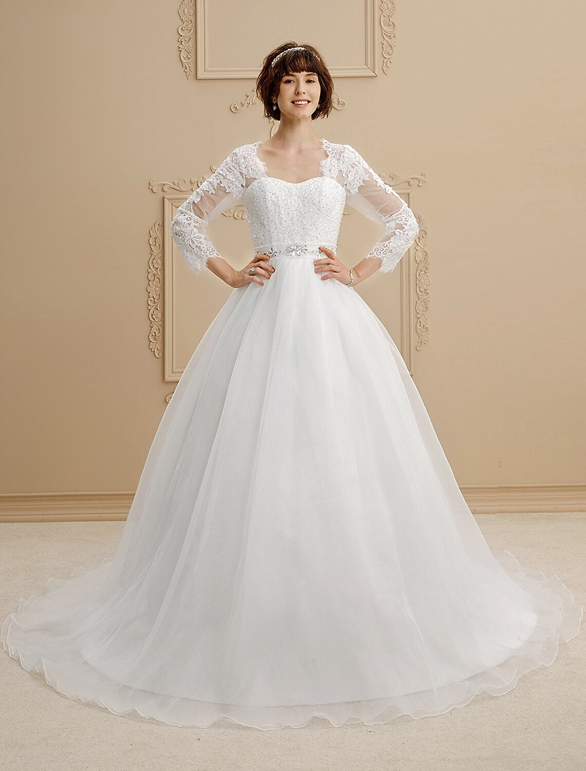 Royal Style Wedding Dresses Ball Gown Queen Anne 3/4 Length Sleeve Chapel Train Lace Bridal Gowns With Sashes / Ribbons Beading