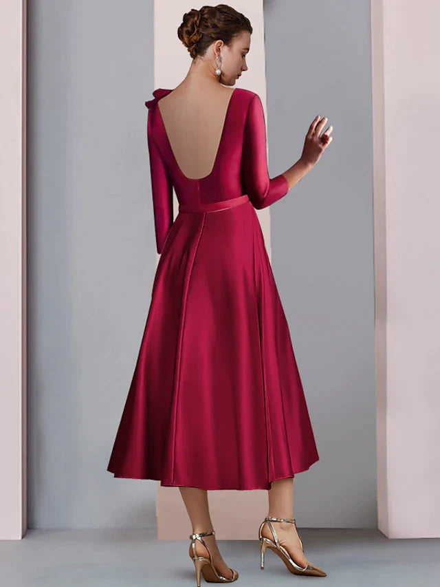 A-Line Mother of the Bride Dress Wedding Guest Elegant V Neck Tea Length Satin 3/4 Length Sleeve with Pleats Flower