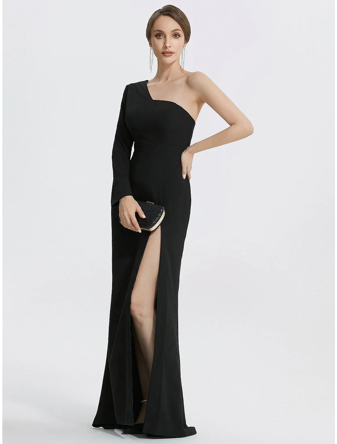 DingjiMermaid Evening Gown Elegant Black Dress Wedding Guest Prom Floor Length Long Sleeve One Shoulder Stretch Fabric with Slit