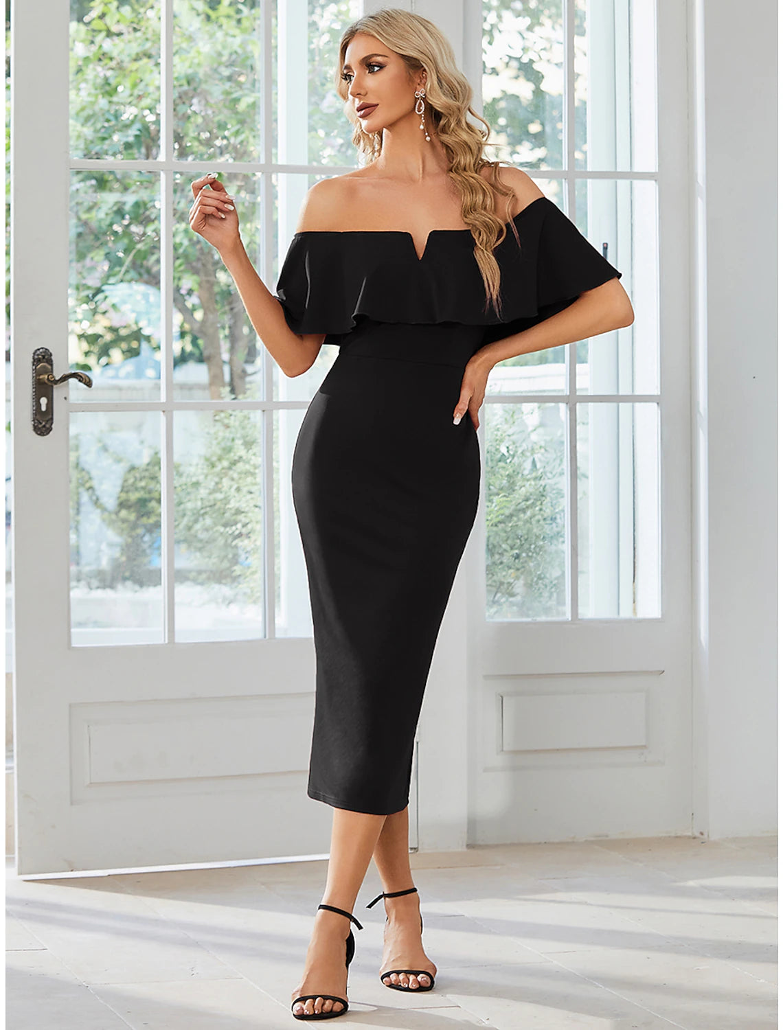 Sheath / Column Wedding Guest Dresses Minimalist Dress Party Wear Tea Length Short Sleeve Off Shoulder Stretch Fabric with Slit Pure Color