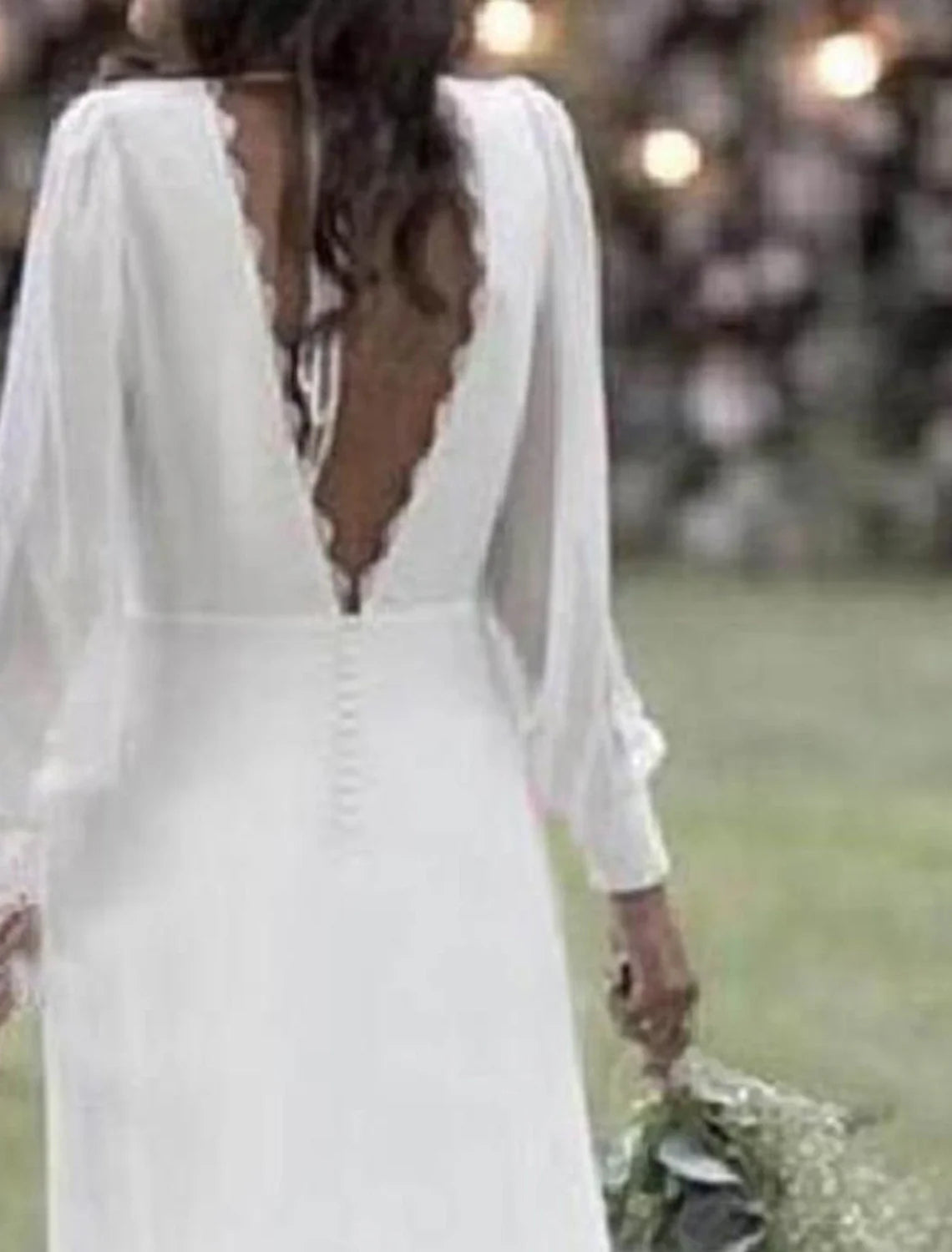 Hall Open Back Simple Wedding Dresses Sheath / Column V Neck Long Sleeve Sweep / Brush Train Chiffon Bridal Gowns With Solid Color