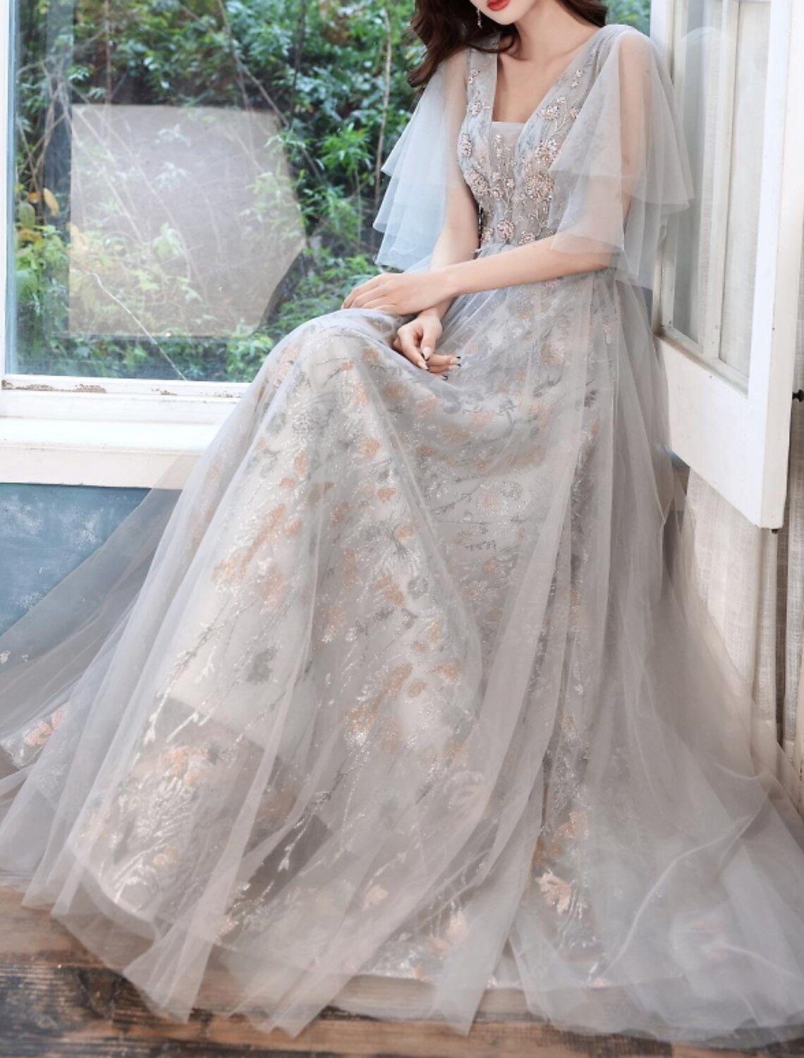 A-Line Color Block Elegant Party Wear Prom Dress V Neck Short Sleeve Floor Length Tulle with Appliques